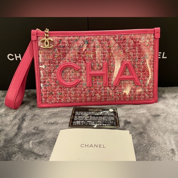 CHANEL PINK CHA - NEL WRISTLET/CLUTCH - Picture 1 of 11